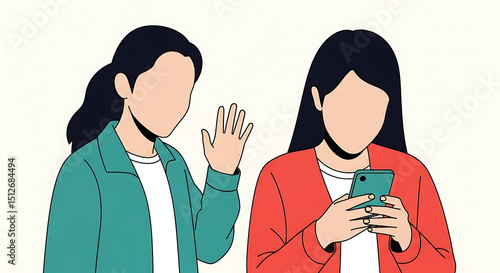 Wallpaper Mural Digital Disconnect: Two women in a modern setting, one engrossed in her phone while the other attempts to connect, showcasing the social impact of digital devices. Torontodigital.ca