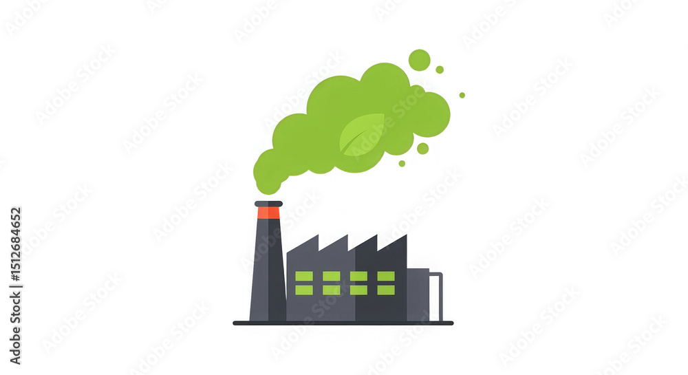 Obraz premium Stylized factory emitting green smoke with a leaf, suggesting an eco-friendly industrial sector.