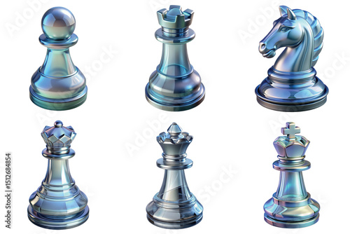 Glass chess 3d set with king, queen, bishop, knight, rook, and pawn pieces isolated on transparent background, elegant reflections and shadows, luxury game collection
