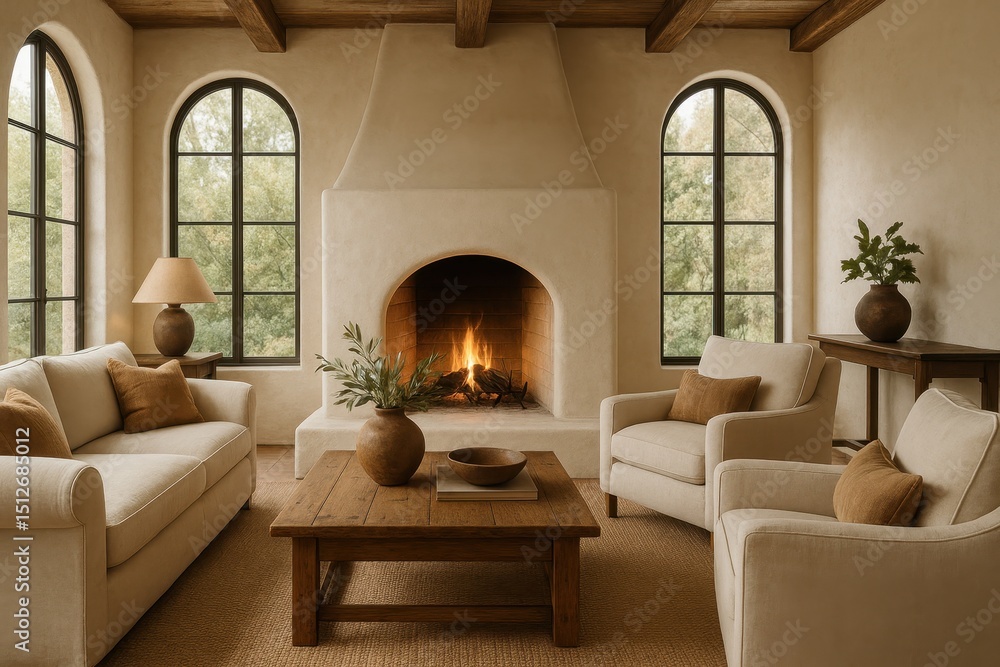 Fototapeta premium Cozy Mediterranean-modern living room with a rustic coffee table centered between a comfortable sofa and armchairs, facing a grand fireplace and arched windows.
