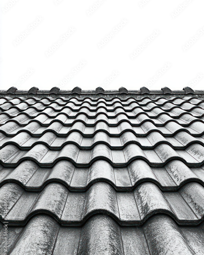 Fototapeta premium Patterned grey tiled roof recedes to white sky