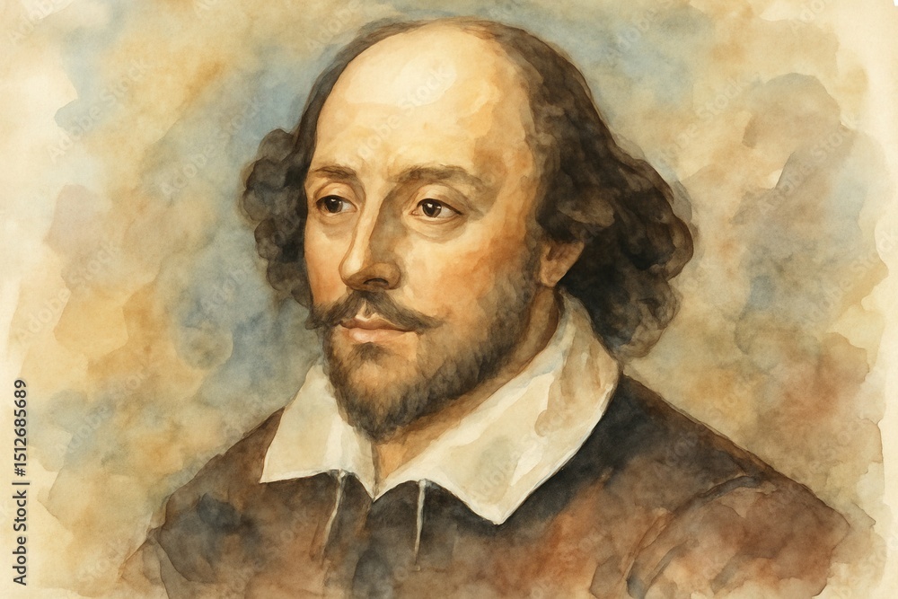 Naklejka premium Evocative watercolor portrait of William Shakespeare, the renowned Elizabethan playwright, capturing his iconic features and intellectual depth, a timeless artistic tribute.