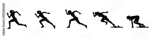 Silhouette of woman runner sprinting from starting blocks in motion sequence