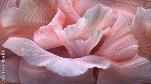 The image is a close up of a pink flower with a lot of detail. The flower is very delicate and has a lot of texture, making it look almost like a painting. Scene is one of beauty