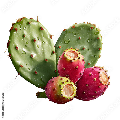 Cactus pads with prickly pear fruit, vibrant green and pink tones, isolated on transparent background.