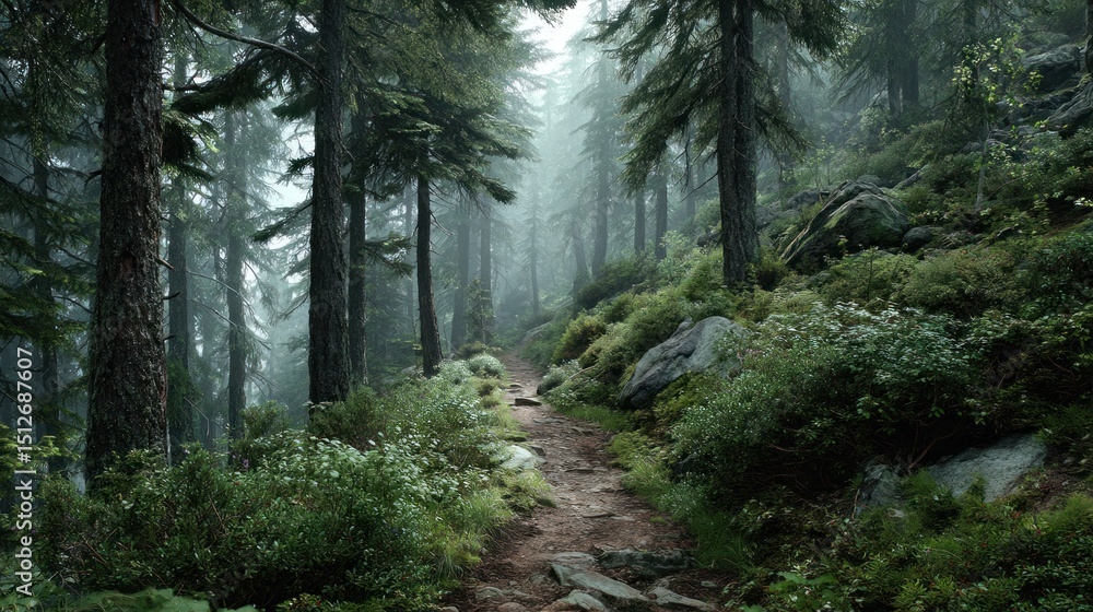 Fototapeta premium Enchanting forest path: A misty journey through serene woodland beauty