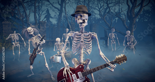 Halloween party: spooky music band playing rock in scary gothic cemetery. Funny skeletons dancing, playing guitars and drums.