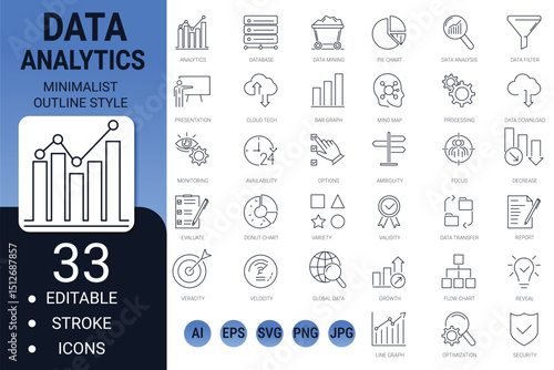 Data analytics icon set – editable stroke outline vectors for database, mining, and cloud technology