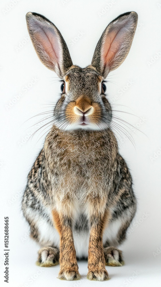 Fototapeta premium Rabbit, front view, big ears, mottled brown-gray fur