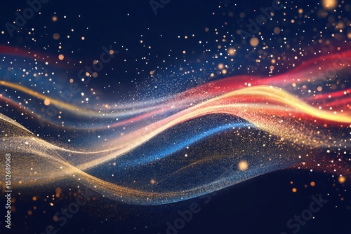 Abstract glittering waves dark blue red gold background