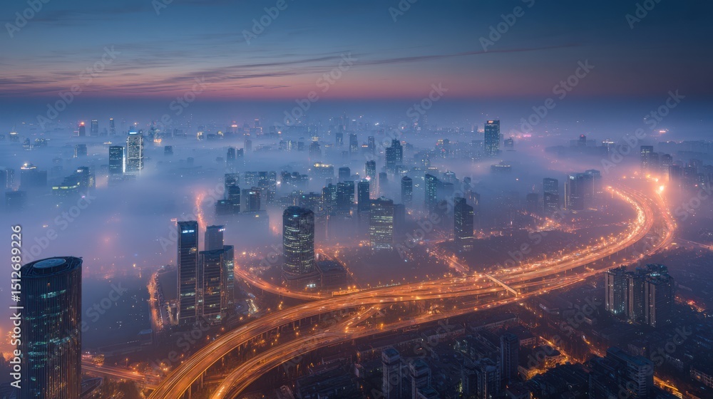 Fototapeta premium A vibrant city skyline emerges through a dense layer of fog during twilight, with glowing highways weaving through the urban landscape. The scene conveys a sense of mystery and energy