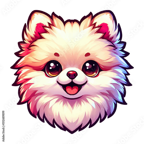 Colorful cartoon sticker with the image of a cute Pomeranian dog on a white isolated background. Vector graphics. EPS.