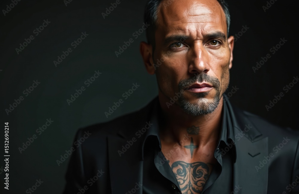 Fototapeta premium Portrait of hot, handsome man with neck tattoo in black suit, looking at camera with intense gaze. Macho character, Italian mafia boss, billionaire, rich businessman.