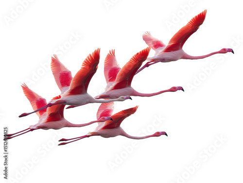 Bright flamingos in flight over a serene landscape, cut out transparent