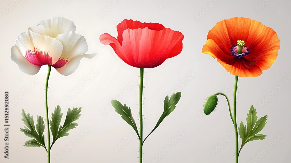 Fototapeta premium Poppy Flower Illustration: White, Red, and Orange