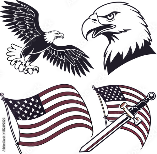 Patriotic Eagle Illustration Set with American Flag and Symbolic Elements
