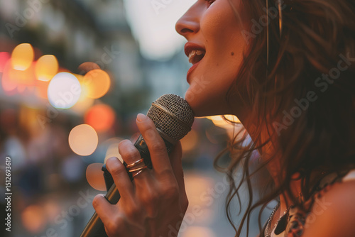 Fototapeta Naklejka Na Ścianę i Meble -  Female singer on a street of Paris during world music day on June 21 celebrated in France.