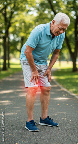 Senior man holding his knee in pain while walking in a park