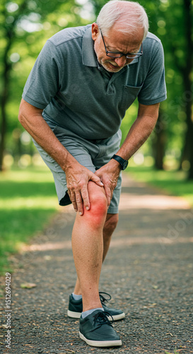 Elderly man holding inflamed knee while walking in the park