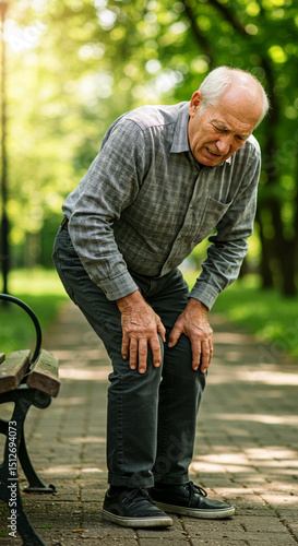 Old man holding both knees and expressing pain during walk