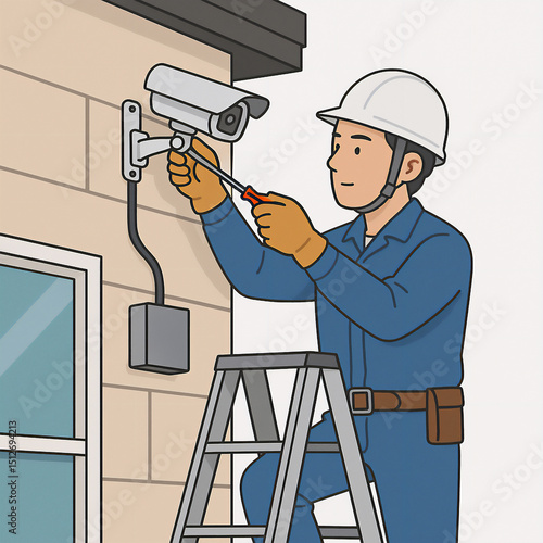 防犯カメラを調整する作業員