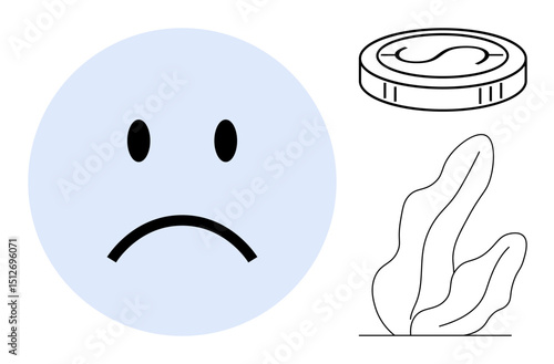 Frowning face next to a coin and plant outline. Ideal for finances, environment, mental health, economy, savings, sustainability simple landing page. Line metaphor. Simple line icons