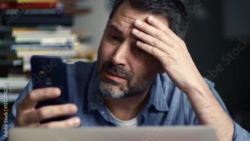 Frustrated man phone, tired man holding forehead while looking at mobile phone perfect for stress visuals digital fatigue scenes and emotional workplace video content