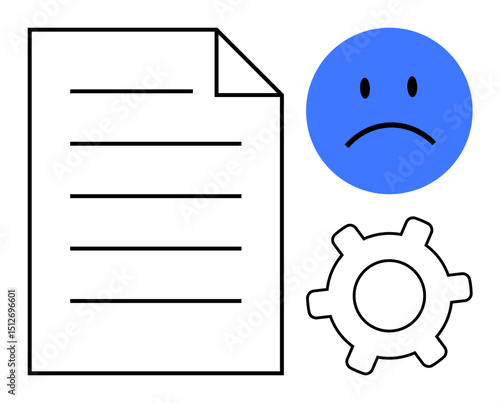 Document with horizontal lines, blue unhappy face, and gear suggesting issues, malfunction, or inefficiency. Ideal for work processes, troubleshooting, errors, system breakdown inefficiency problem