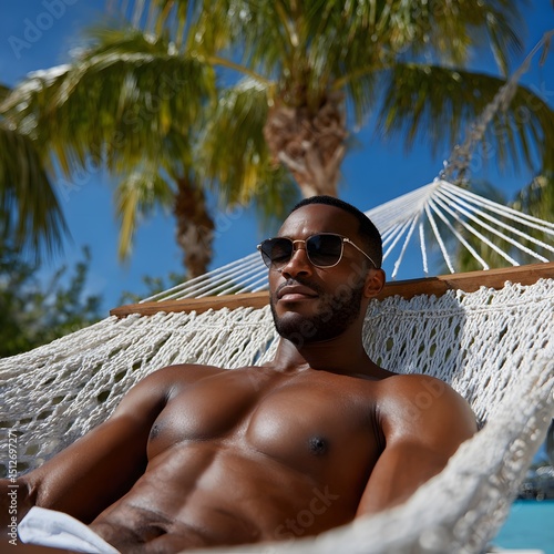 Man relaxes shirtless in a hammock under palm trees