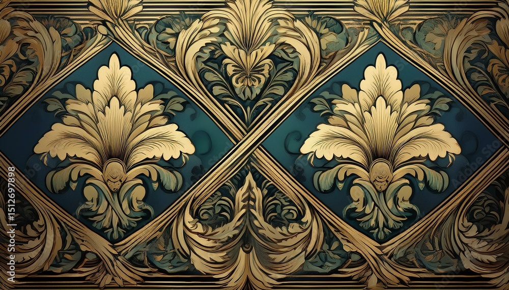 Ornate gold and teal floral pattern
