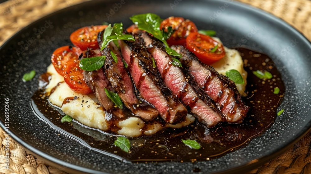 Sliced steak on mashed potatoes with tomatoes, sauce Sliced steak on mashed potatoes with tomatoes, sauce