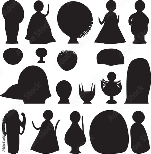 Black vector silhouette icon set of people, including diverse profiles, avatars, and business group illustrations with various hairstyles