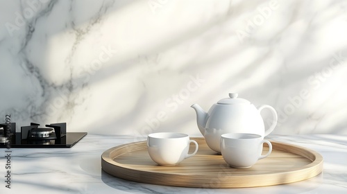 Wallpaper Mural Hyperrealistic Marble Kitchen Scene with Tea Set and Wooden Tray on White Background Torontodigital.ca