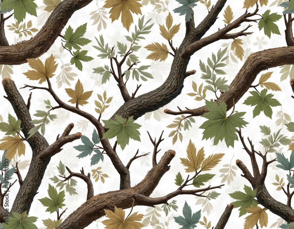 Fototapeta premium Seamless forest camouflage pattern with oak, conifer leaves and branches. Dark brown tree trunks, green foliage. Camo design for hunting, military applications, textile print, clothing design.