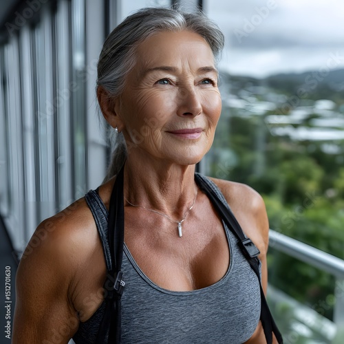 Mature woman, active, looking upward