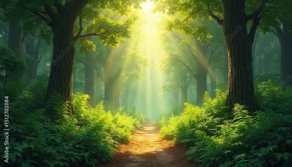 Obraz premium Sunlight streams through green forest trees. Path leads through lush green ferns and foliage. Peaceful nature landscape illustration. Wood, summer, eco friendly, conservation.