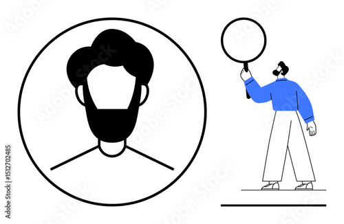 Circular avatar representing a user and a person holding a magnifying lens for focus, analysis, identification, precision, transparency, profile design, search, simple landing page