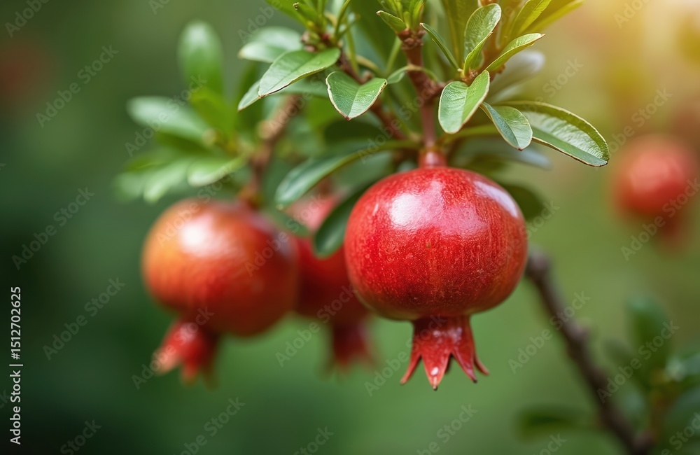 Close-up red ripe pomegranates hanging tree. Fruits with green leaves ready harvest. Juicy tasty organic pomegranate fruit tree. Exotic tropical agriculture plant, healthy food rich antioxidant. Close-up red ripe pomegranates hanging tree. Fruits with green leaves ready harvest. Juicy tasty organic pomegranate fruit tree. Exotic tropical agriculture plant, healthy food rich antioxidant.