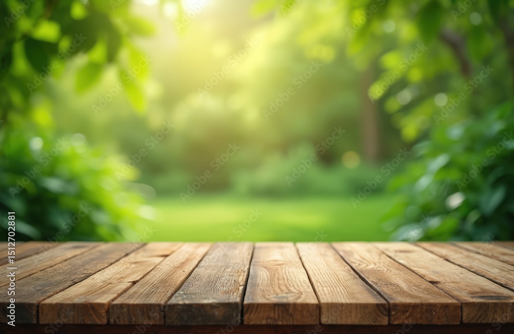 Wooden table in garden. Green bokeh background of trees, plants, fresh leaves and grass. Empty wood desk, product display. Fresh bright sunlight space for product placement. Wooden table in garden. Green bokeh background of trees, plants, fresh leaves and grass. Empty wood desk, product display. Fresh bright sunlight space for product placement.