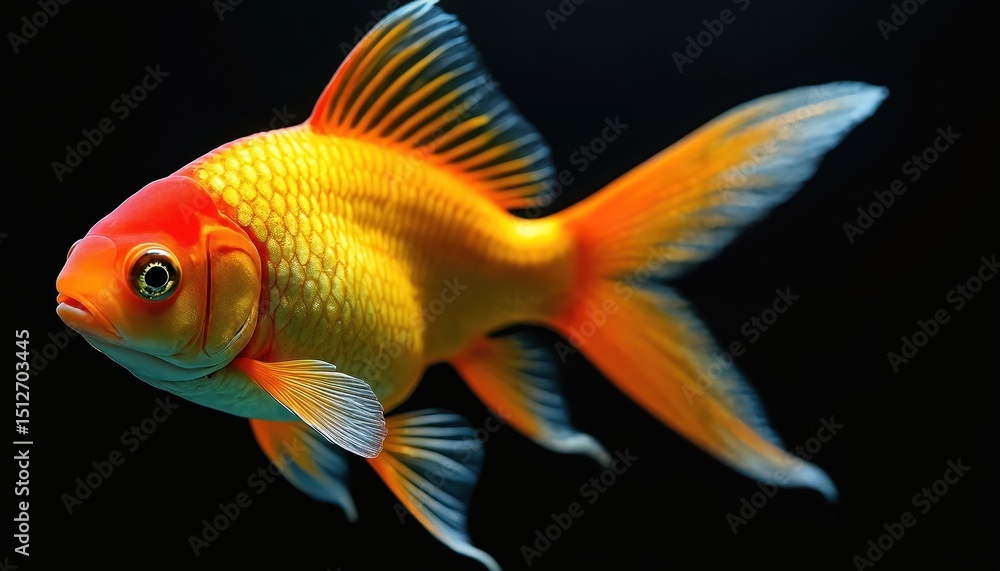 Goldfish isolated on black background. Detailed view of Carassius auratus auratus, vibrant orange body, fins. Pet shop, aquarium fish, underwater creature, nature, animal. Goldfish isolated on black background. Detailed view of Carassius auratus auratus, vibrant orange body, fins. Pet shop, aquarium fish, underwater creature, nature, animal.