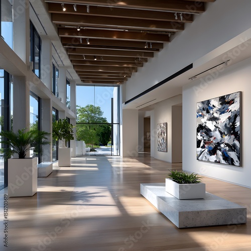 Modern art gallery hallway with large windows, wooden beams, and abstract paintings