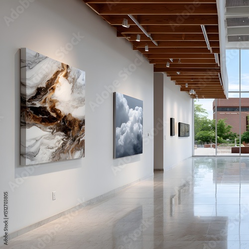 Modern art gallery hallway with two large paintings and natural light