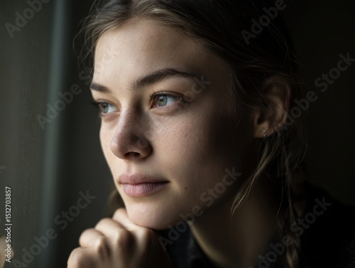 Young woman gazes thoughtfu...