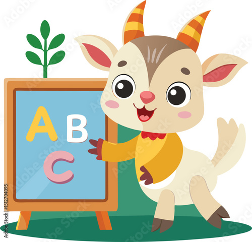 Baby goat pointing at alphabet letters on classroom board, educational animal character vector