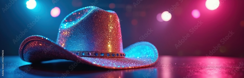© Maryna - Dazzling holographic cowboy hat with sparkling crystals resting on stage under colorful stage lights. Accessory for events, parties, celebrations, concerts. Western style item creates festive mood. © Maryna - Dazzling holographic cowboy hat with sparkling crystals resting on stage under colorful stage lights. Accessory for events, parties, celebrations, concerts. Western style item creates festive mood.