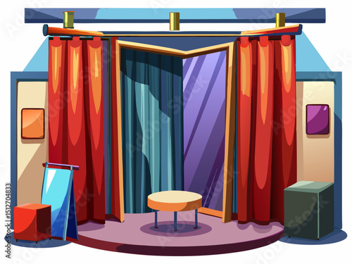 A high-quality vector of a fitting room with curtains and a stool, clean and minimal, isolated on white