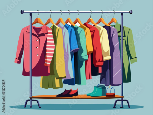 A professional vector of a garment rack with stylish clothes hanging neatly, on a solid light gray background