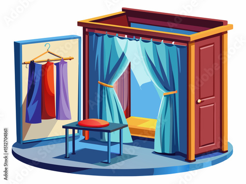 A high-quality vector of a fitting room with curtains and a stool, clean and minimal, isolated on white