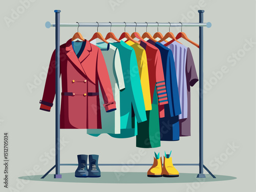 A professional vector of a garment rack with stylish clothes hanging neatly, on a solid light gray background
