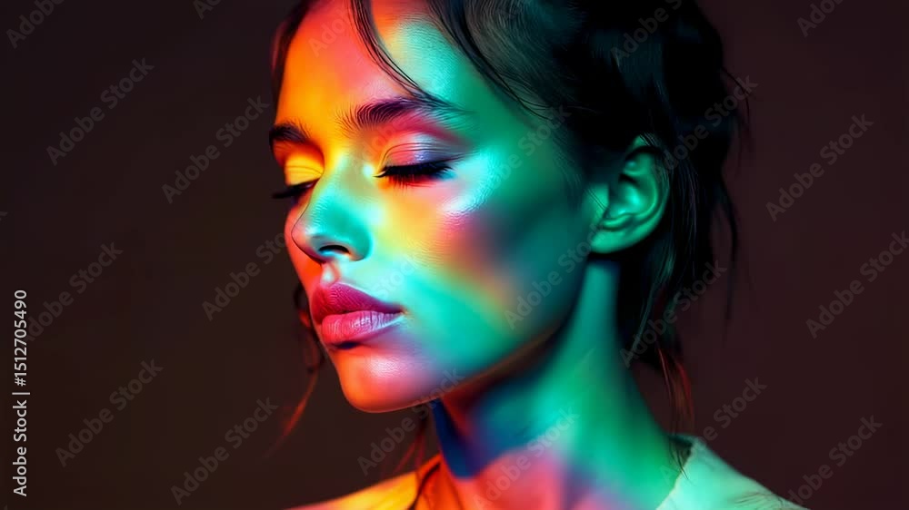 Portrait of a woman with rainbow light, eyes closed, artistic Portrait of a woman with rainbow light, eyes closed, artistic